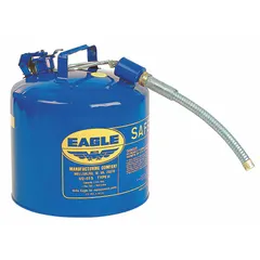 This 5-gallon blue kerosene safety can is designed for storing and dispensing kerosene. It includes a 7/8 in OD hose for controlled pouring. Typical applications include fueling equipment or transferring flammable liquids in industrial settings.