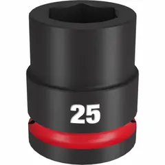 This 3/4" drive impact socket is designed for heavy-duty fastening and loosening of 25 mm metric nuts and bolts. The 6-point configuration provides a secure grip to reduce rounding. Suitable for use with impact wrenches in automotive, construction, and industrial maintenance applications.