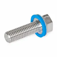 Partially threaded M5 hex head screw in Grade 316L stainless steel with a low-profile head and a pre-mounted FDA-approved sealing washer. The 16 mm minimum thread length and sealing washer support use in sanitary environments where cleanability and corrosion resistance are required