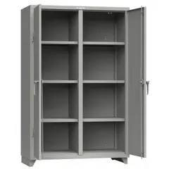 This shelf-style shift cabinet from STRONG HOLD features six adjustable shelves and two doors, mounted on legs for stability. Finished in medium gray, it arrives fully assembled. Suitable for organizing tools, parts, and supplies in warehouses, workshops, and manufacturing facilities.
