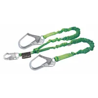This 2-leg shock-absorbing lanyard is constructed from green polyester tubular webbing and features steel snap hooks on both ends. It includes a visual load indicator to show if the lanyard has been subjected to a fall and must be removed from service. Used for fall protection in industrial and construction environments, it connects a worker's harness to an anchor point and absorbs energy during a fall to reduce impact forces