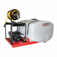 This FIMCO skid-mount sprayer is designed for mounting in a truck bed for mobile application of herbicides, pesticides, and liquid fertilizers. It features a 150-gallon tank and gas-powered operation, suitable for large-area vegetation management in agricultural and commercial settings.