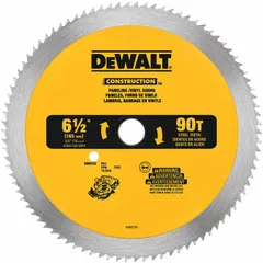 Carbide-tipped circular saw blade with 90 teeth for cutting plastic and composite materials. Features a 0.09-inch cut width and 5/8-inch arbor size. Suitable for paneling, trim, and siding applications.