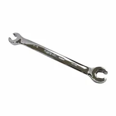 Alloy steel flare nut wrench with polished finish. Double-end, standard-head design with 6-point openings for 3/8 in and 7/16 in flare nuts. Overall length of 6 in. Used for tightening or loosening flare nuts on brake, fuel, and hydraulic lines.