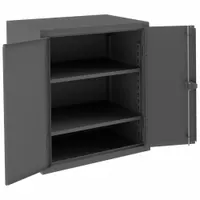 Assembled industrial shelf cabinet with welded stationary steel frame, gray powder-coated finish, and two adjustable shelves. Features a swing handle with padlock hasp for secure storage. Panel thickness is 12 ga. Suitable for organizing tools, parts, and equipment in workshops, warehouses, and manufacturing facilities