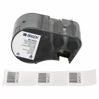 Thermal transfer precut label roll cartridge containing rectangle labels measuring 1 in x 1 3/4 in. Made of cryogenic autoclavable polyester for vial/tube sizes from 1.0 to 8.0 mL. Compatible with BMP51 printer series. Used for laboratory identification in environments requiring resistance to extreme cold and autoclave cycles