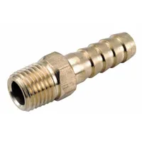 This low-lead brass rigid barbed hose fitting connects 1/2 in hose I.D. to NPT male threads. It features a hex nipple grip for wrench tightening and is suitable for air, water, and chemical transfer applications