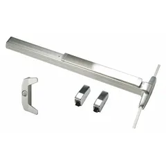 Aluminum surface vertical rod exit device with touchbar and night latch. Designed for doors up to 3 ft wide. Suitable for commercial and institutional buildings requiring safe egress and code-compliant emergency exits.