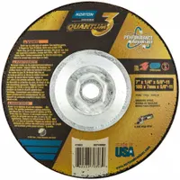 This NORTON Quantum 3 SG depressed center grinding wheel (Type 28) measures 7" diameter by 1/4" thickness with a 5/8"-11 arbor hole. It features 20 grit ceramic abrasive for cool-cutting on carbon and stainless steel. Typical applications include weld removal, surface blending, and edge chamfering in metal fabrication and maintenance work