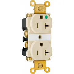 General purpose duplex receptacle rated 20A at 125V AC, 5-20R configuration, 2-pole/3-wire grounding. Ivory finish. Suitable for use in commercial and institutional settings requiring standard grounding receptacles.