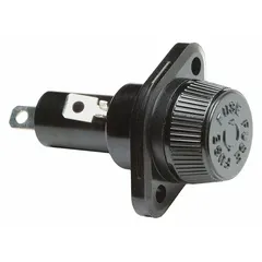 Panel-mount fuse holder for Class CC cylindrical fuses sized 13/32 in x 1 1/2 in. Single-pole design with screw knob cap and 1/4 in quick-connect terminals. Rated 30 A max at 600 V AC. Suitable for overcurrent protection in control panels and branch circuits.