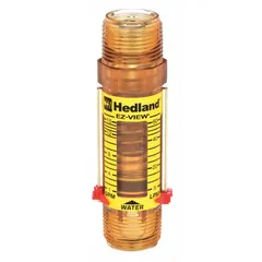 This inline variable area flowmeter measures water flow in gallons with a scale display and remote output. It features universal mounting orientation, Buna-N seals and O-rings, and an accuracy of +/-5%. Suitable for monitoring flow in industrial water systems, cooling loops, and process lines.