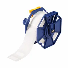Acrylic, permanent adhesive label roll with inkjet print-receptive material, compatible with the Brady J7300 printer series. Each roll contains 1,000 precut labels measuring 3/4 in by 1 1/2 in. Used for industrial identification, asset labeling, and facility marking where durable, printed labels are required.