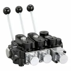 This manual spool monoblock valve features an open center design with three spools and a maximum flow rate of 30 gpm. It is used to control the direction of hydraulic fluid in mobile and industrial equipment, such as loaders and tractors, where simultaneous operation of multiple hydraulic functions is required.