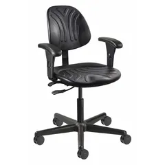 Black plastic office chair with tilting back, adjustable arms, 14 1/2 in back height, and 19 1/4 in seat width. Suitable for use in industrial offices, control rooms, and workstations.