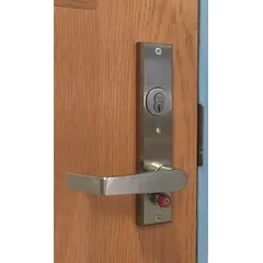 Classroom security lever lockset in satin stainless steel. ADA compliant with SFIC core. Allows classroom door to be locked from inside without exiting. Suitable for educational facilities requiring secure lockdown capability.