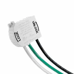 Snap-in wiring module for 90-degree angled wiring configurations. Rated 125V AC, 20A, with 3-wire stranded construction and 18-inch wire length. Green/yellow color. Suitable for tight-space connections in electrical systems.