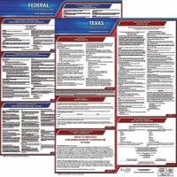 This poster set displays required federal and Texas state labor law notices for workplace compliance. Printed in English on plastic, it measures 20 inches by 24 inches and is intended for indoor wall mounting in a visible employee area