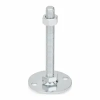 Swivel male leveling mount with round base, 3/8"-16 thread size, and 2,248 lbf load capacity. Includes nut and mounting holes. Hex size 11/16 in. Used for leveling and stabilizing industrial machinery, conveyors, and workstations