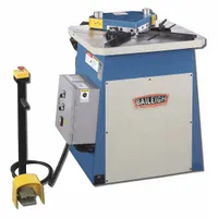 This corded sheet metal notcher cuts 90° notches in steel up to 9 gauge. It operates on 220V AC and is suited for fabrication tasks such as preparing corner cuts in sheet metal for bending or welding in HVAC ductwork and metal enclosures