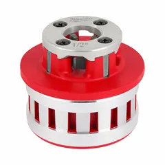 This die head is designed for use with handheld pipe threaders to cut NPT threads on 1/2 in pipe. It features a right-hand thread direction and is constructed from alloy steel. Suitable for plumbing, piping, and mechanical applications requiring precise threading.