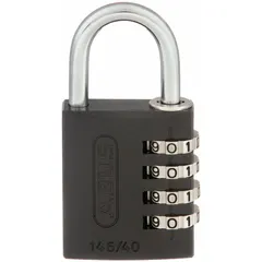 This combination padlock features a black zinc die-cast body and a steel shackle, with a silver dial. It is suitable for securing lockers, toolboxes, cabinets, and gates in indoor and light outdoor applications.