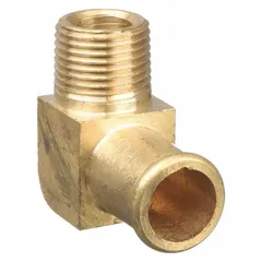 This rigid 90-degree elbow fitting connects a 3/4 in hose to a 1/2 in NPT male thread via a beaded barb. Suitable for air, water, and chemical transfer in industrial fluid systems requiring directional changes.