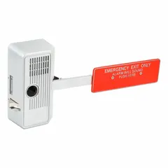Battery-powered door alarm push lever with siren sound type. Features an aluminum body and operates on 9 V DC. Suitable for exit door applications in commercial and institutional settings to signal door use.