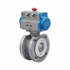 This pneumatically-actuated ball valve is constructed of stainless steel in a one-piece body with flange x flange connections. It is designed for on/off flow control in industrial piping systems handling liquids or gases. The valve includes a pilot solenoid rated at 110V AC for automated operation.