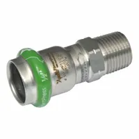 This APOLLO SmartPress crimp adapter fitting connects 1 in pipe to 3/4 in pipe in potable water systems. It features a Press-fit x MNPT connection with an EPDM seal for leak-free performance in stainless steel plumbing applications