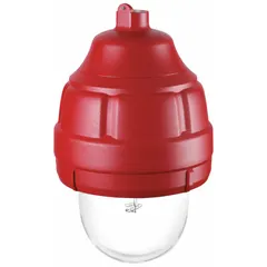 Multimode strobe light for hazardous locations with clear lens. Operates on 24V DC and is designed for wall mounting. Overall height 11 3/8 in, overall diameter 8 13/16 in. Suitable for use in industrial environments requiring visual warning signals.