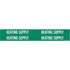 Green adhesive pipe marker with white legend text reading 'Heating Supply'. Fits pipe outer diameters from 3/4 to 2-3/8 inches. Pack includes 4 markers without arrows. Used for identifying heating supply lines in piping systems.