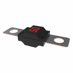 Two-hole, bolt-on time-delay fuse rated 50 A at 32 V DC. Designed for overcurrent protection in DC electrical systems, such as automotive, marine, and industrial equipment, where high-current circuits require a bolt-on mounting and time-delay characteristics to handle inrush currents.
