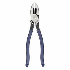 Multipurpose lineman's pliers with a 9 3/8 in overall length, 1 5/8 in jaw length, 1 1/4 in jaw width, and 5/8 in jaw thickness. Features a dipped handle, flat jaw design, and conduit reaming nose. Suitable for cutting, gripping, bending, and reaming conduit in electrical and general maintenance applications.