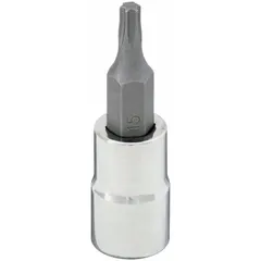 This Torx bit socket features a T10 tip size and a fixed insert design. With a 1/4 in drive size and 1-5/8 in overall length, it is used for driving T10 Torx fasteners in assembly, repair, and maintenance tasks.