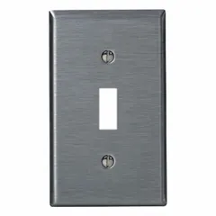 General-purpose wall plate for covering a single toggle switch in residential or commercial electrical installations. Constructed from stainless steel for corrosion resistance. Midsize design fits standard wall boxes.