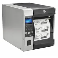 Industrial barcode label printer with 12 in/sec print speed and 6.6 in max print width. Features cutter dispensing for precise label separation and wired Ethernet connectivity. Push-button controls enable operation in high-volume labeling environments