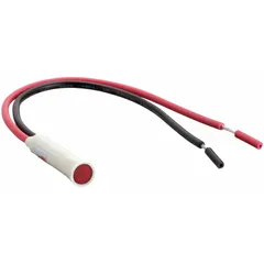 This LED indicator pilot light features a flush head design for low-profile panel mounting in a 5/16 in diameter hole. It is equipped with 6 in wire leads for electrical connection, making it suitable for use as a visual status indicator on control panels and industrial equipment.