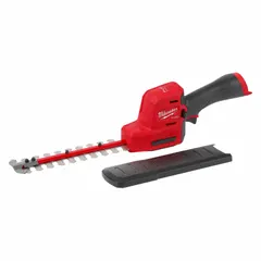 This MILWAUKEE hedge trimmer operates on the M12 platform at 12 V, featuring an 8-inch blade length and 8-inch cutting width. It is designed for trimming and shaping hedges, shrubs, and small branches in residential and commercial landscaping.