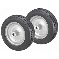 Polyurethane foam wheels with a 10-inch diameter, 3 5/8-inch width, and 2 3/16-inch hub length. Tire sidewall number 4.10/3.50-4. Sold as a 2-pack. Suitable for industrial carts, hand trucks, and light-duty material handling equipment requiring puncture-proof performance.