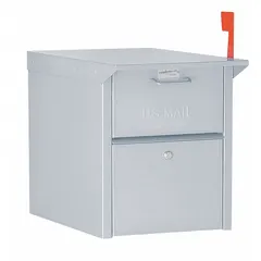 This horizontal, lockable mail chest features one front door and is designed for secure package delivery. It measures 17 1/4 inches high by 14 3/8 inches wide by 23 inches deep, with pedestal mounting for stable installation. The gray finish suits commercial or multi-tenant building environments.