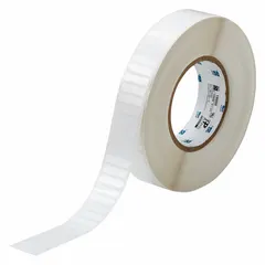 White gloss polyester precut label roll measuring 1/4 in x 1 in, with 10,000 labels per roll. Compatible with THT printer series. Used for industrial labeling applications such as asset tracking, cable marking, and component identification.