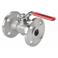 Straight pattern ball valve with Class 300 flange connections. Constructed of 316 stainless steel for corrosion resistance. Locking lever handle provides secure position control. Used for on/off flow control in industrial piping systems handling liquids or gases