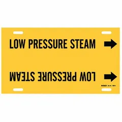 Yellow pipe marker with black legend text reading 'Low Pressure Steam'. Includes directional arrows. Strap-on design fits pipe outer diameters from 10 to 15 inches. Single marker supplied.