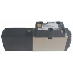 Five-way, two-position solenoid air control valve with single solenoid and spring return. Maximum flow rate of 53.2 cfm. Features plug-in connectivity, internal pilot operation, and non-locking manual override. Used to actuate pneumatic cylinders or actuators in industrial automation.