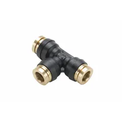 This nylon adapter tee fitting connects three pneumatic or air-brake lines in a branch configuration. Two ports accept 1/4 in OD tubing, and the third port accepts 3/8 in OD tubing. The push-fit design enables quick, leak-free assembly in air-brake and pneumatic systems.