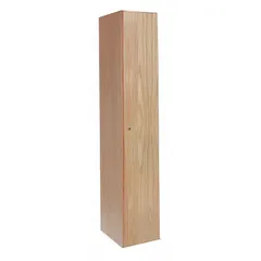 This solid wood wardrobe locker is constructed from Red Oak plywood and features a keyed lock for secure storage. With 1 tier and 1 unit width, it is suitable for personal item storage in offices, schools, or employee changing areas.
