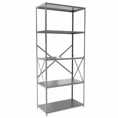 This HALLOWELL medium-duty standalone open metal shelving unit is constructed of steel with a gray finish. It measures 36 inches wide by 18 inches deep with an overall height of 84 inches and includes five shelves. The unit is unassembled and suitable for organizing tools, parts, boxes, and inventory in warehouses, factories, and commercial facilities.