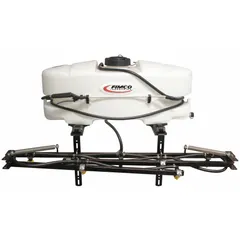 This FIMCO tailgate sprayer features a 25-gallon tank and a 12 VDC diaphragm pump, designed for mounting on ATVs or UTVs. It is suited for agricultural spraying, weed control, pasture management, and property maintenance where a cordless, vehicle-mounted liquid application is required.