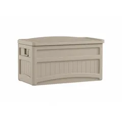 Plastic rolling storage trunk in taupe, 23 3/4 in x 46 in x 25 1/2 in, with two recessed handles and padlock closure. Suitable for storing outdoor items such as cushions, tools, and supplies on decks, patios, or in gardens.